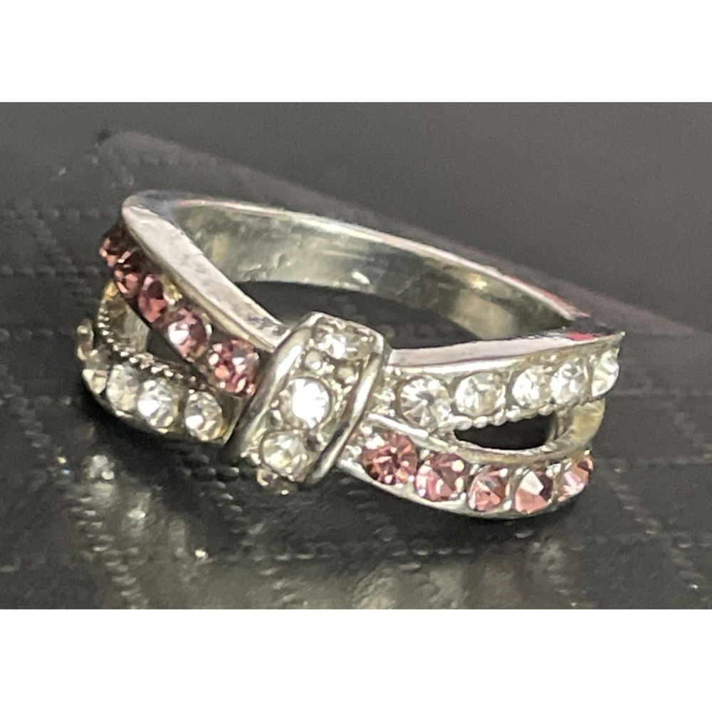 Rhinestone Bow Statement Ring Size 8 Pink Clear Silver Tone Cocktail Chunky